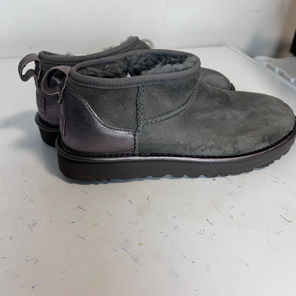 UGG Classic Ultra Mini Metallic Heel Sheepskin Lined Boots Grey Size 7